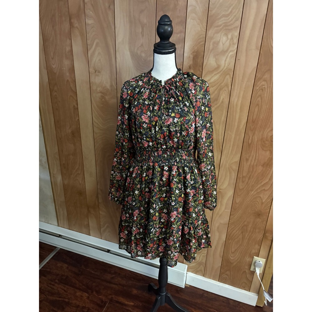 Old Navy Floral Metallic Lurex Smocked Mini Dress Long Sleeve Black Multi M